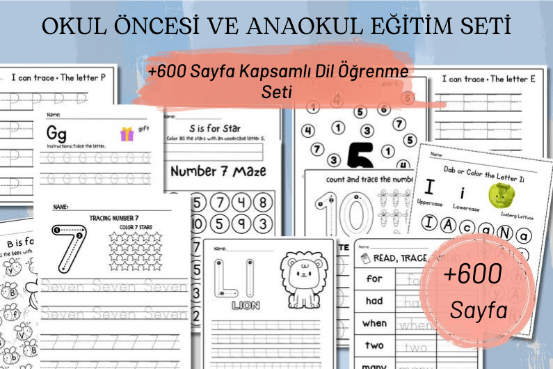 Okul Öncesi ve Anaokulu İngilizce Eğitim Seti +600 Sayfa Kapsamlı Dil Öğrenme Çalışma Seti (Çıktı alınabilir dosya içeriği)